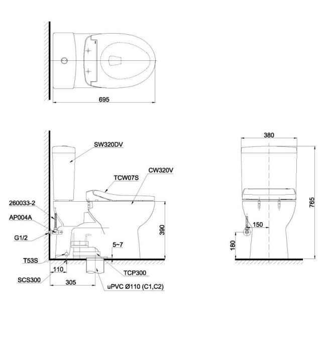 Bồn cầu TOTO CS320PDRE2 2 khối nắp rửa cơ TCW07S thoát ngang
