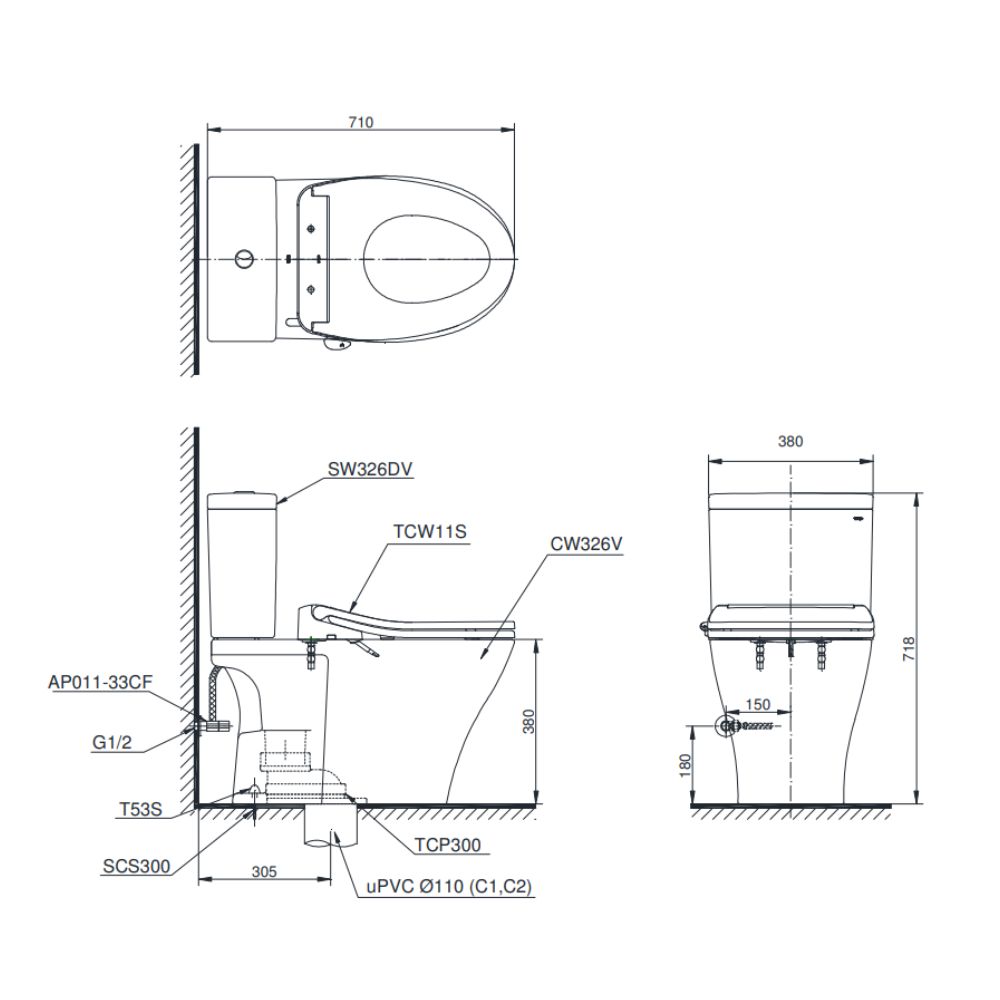 Bồn cầu TOTO CS326DE6 2 khối nắp rửa cơ TCW11S