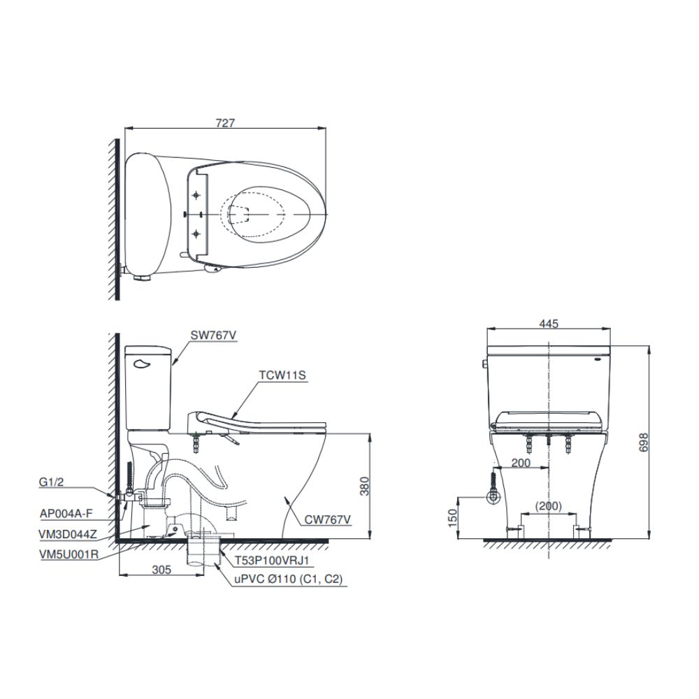 Bồn cầu TOTO CS767RE6 2 khối nắp rửa cơ TCW11S