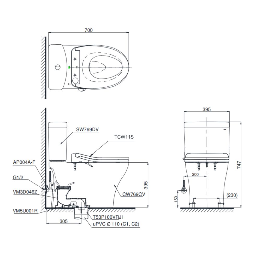 Bồn cầu TOTO CS769DRE6 2 khối nắp rửa cơ TCW11S