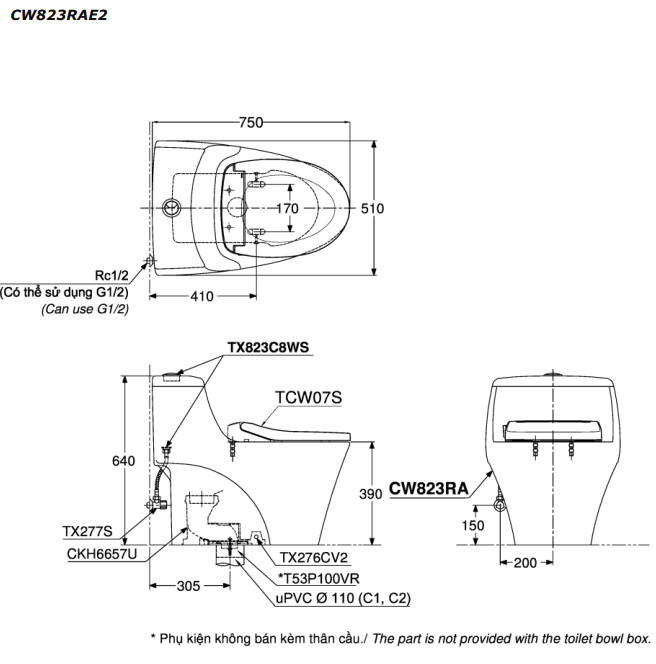 Bồn cầu TOTO CW823RAE2 T53P100VR 1 khối nắp rửa cơ TCW07S