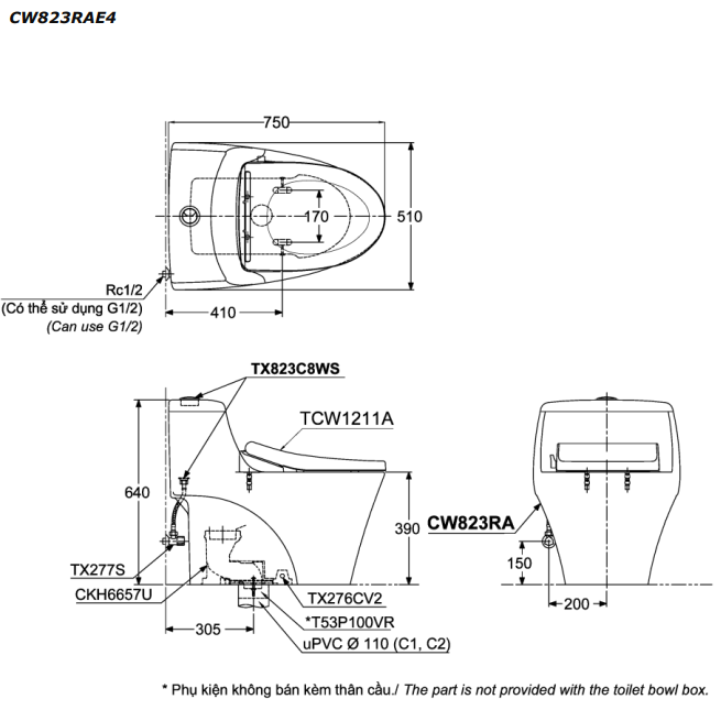 Bồn cầu TOTO CW823RAE4 T53P100VR 1 khối nắp rửa cơ TCW1211A