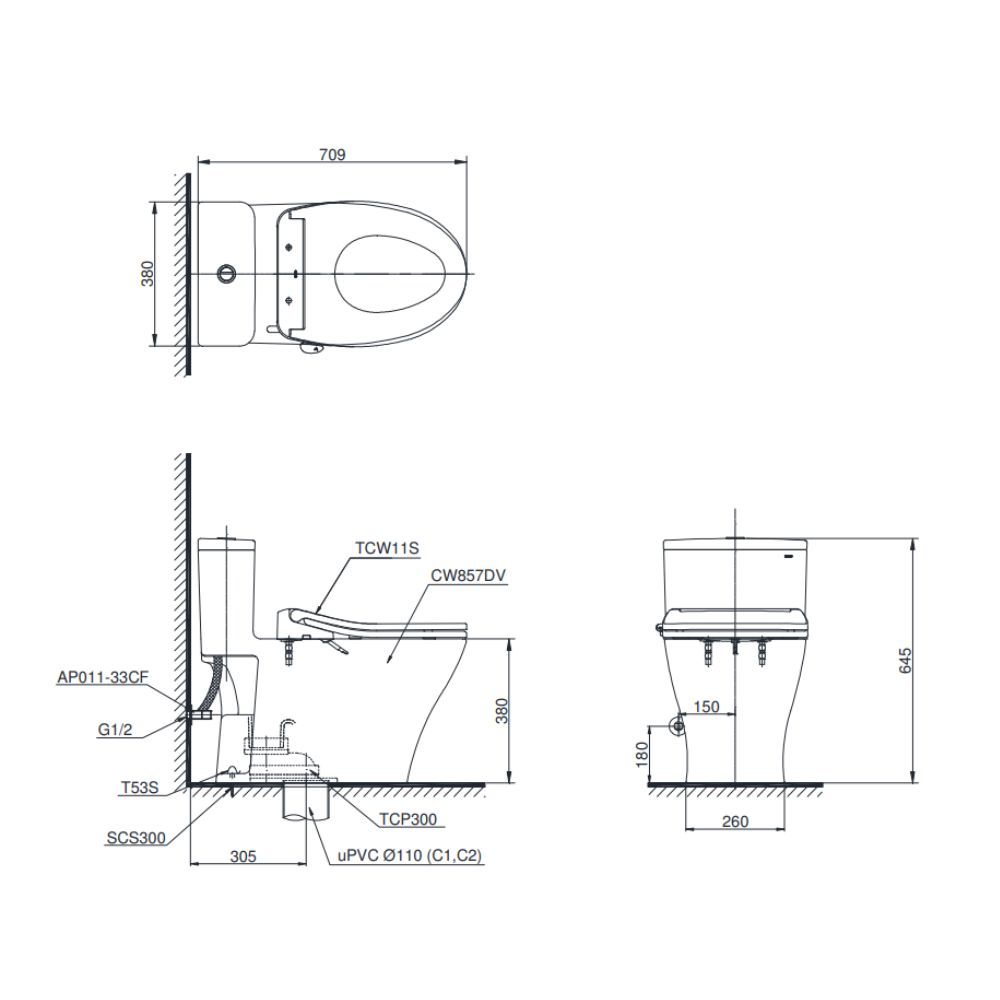 Bồn cầu TOTO MS857DE6 1 khối nắp rửa cơ TCW11S