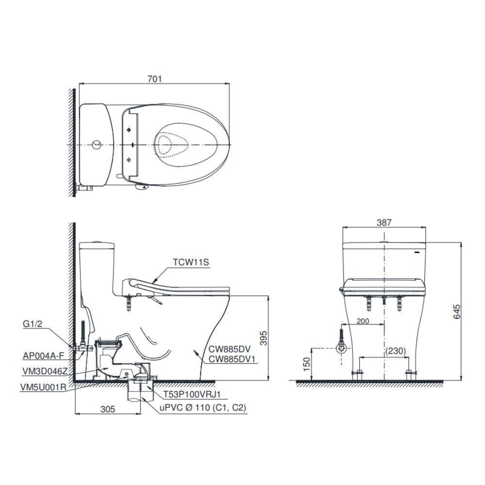 Bồn cầu TOTO MS885DE6 1 khối nắp rửa cơ TCW11S