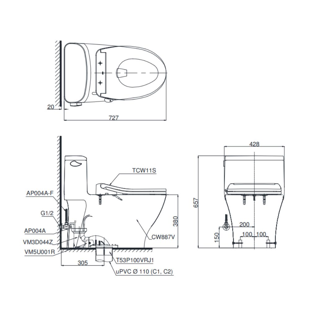 Bồn cầu TOTO MS887RE6 1 khối nắp rửa cơ TCW11S