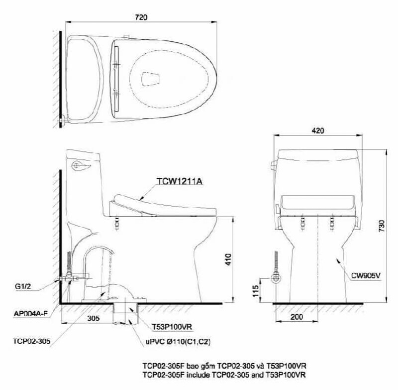Bồn cầu TOTO MS905E4 1 khối nắp rửa cơ TCW1211A