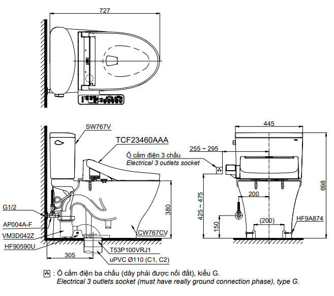 Bồn cầu TOTO CS767CRW17 2 khối nắp điện tử Washlet C2 TCF23460AAA giấu dây