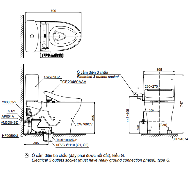 Bồn cầu TOTO CS769CDRW17 2 khối nắp điện tử Washlet C2 TCF23460AAA giấu dây