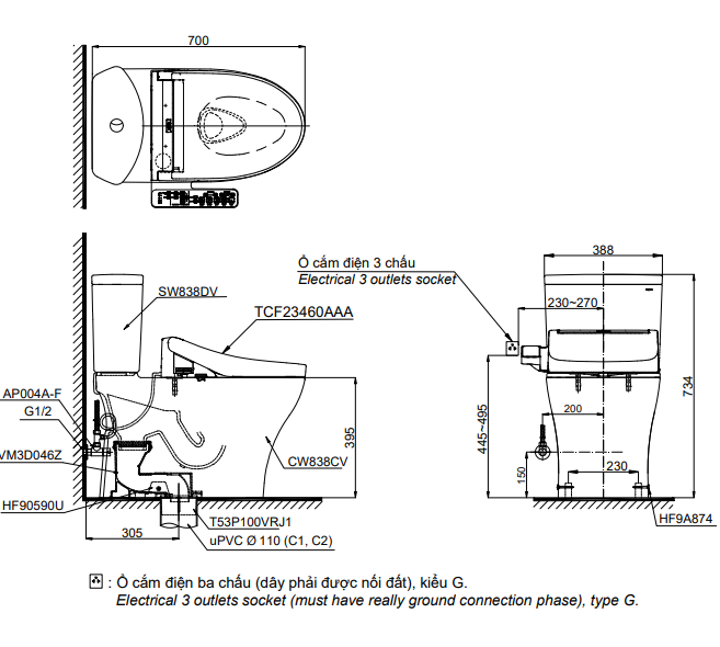 Bồn cầu TOTO CS838CDW17 2 khối nắp điện tử Washlet C2 TCF23460AAA giấu dây
