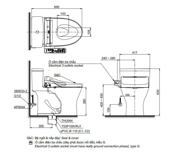 Bồn cầu TOTO MS855DW16 1 khối nắp điện tử Washlet C2 TCF23410AAA