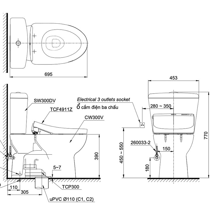 Bồn cầu TOTO CS300DRW11 2 khối nắp điện tử Washlet S7 TCF4911Z