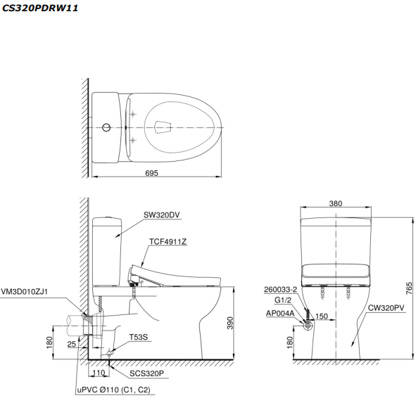 Bồn cầu TOTO CS320PDRW11 2 khối nắp điện tử Washlet S7 TCF4911Z