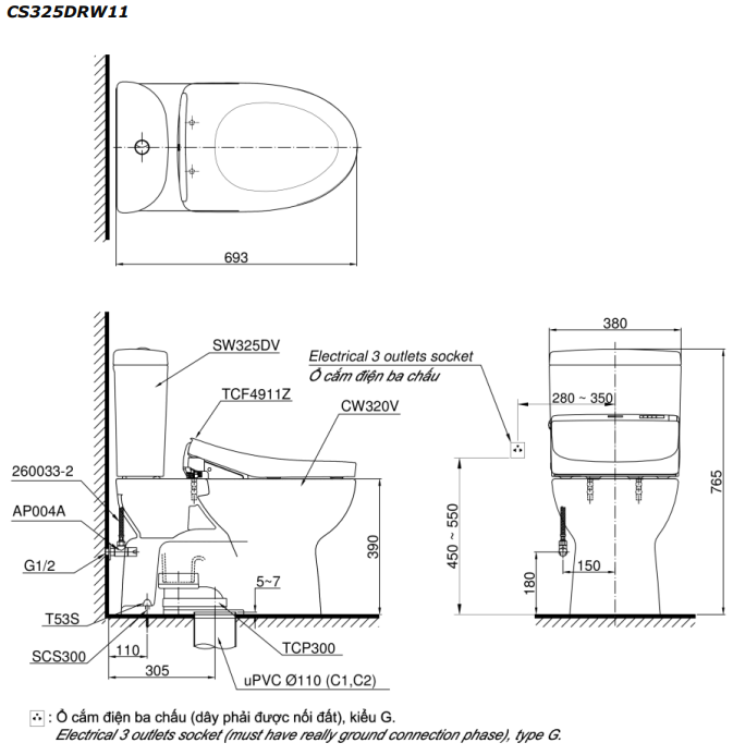 Bồn cầu TOTO CS325DRW11 2 khối nắp điện tử Washlet S7 TCF4911Z