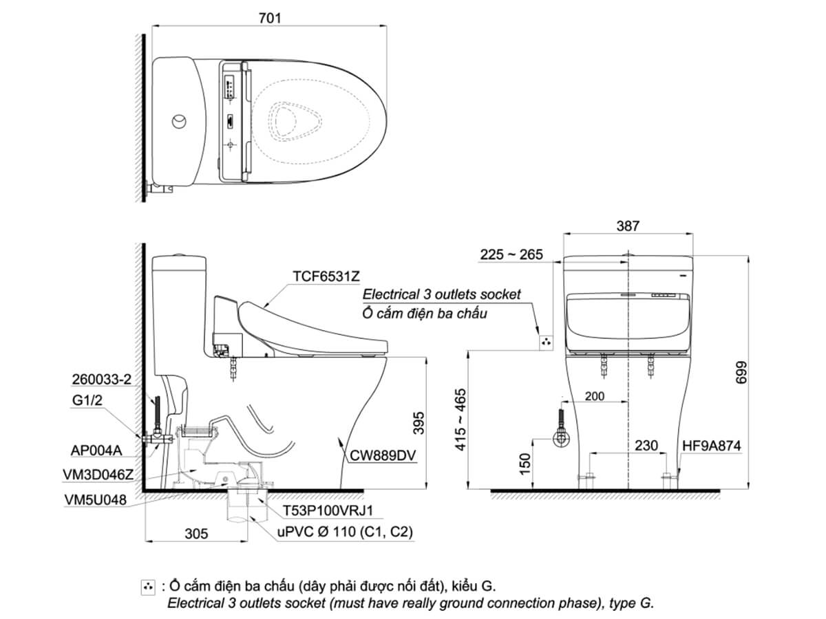 Bồn cầu nắp rửa điện tử TOTO 1 khối MS889DRW6