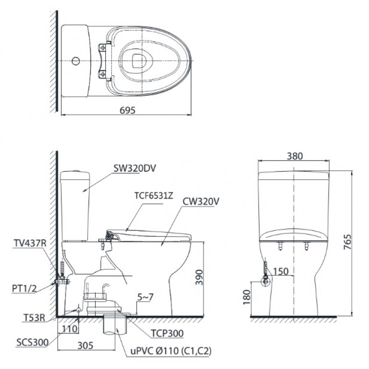Bồn cầu 2 khối nắp rửa điện tử C5 TOTO CS320PDRW6