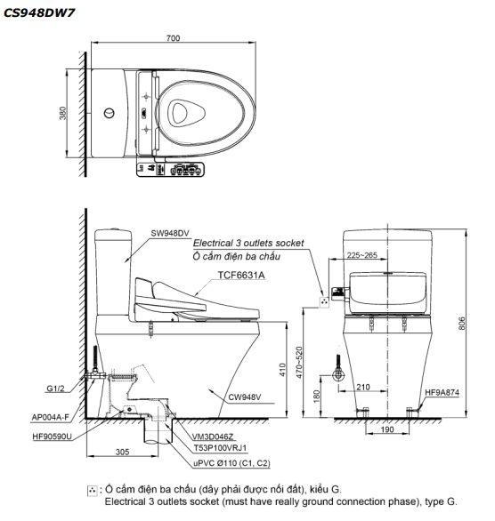 Bồn cầu 2 khối nắp rửa điện tử C2 TOTO CS948DW7