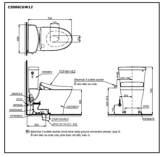 Bồn cầu TOTO CS986CGW12 2 khối nắp điện tử Washlet S7 TCF4911EZ giấu dây