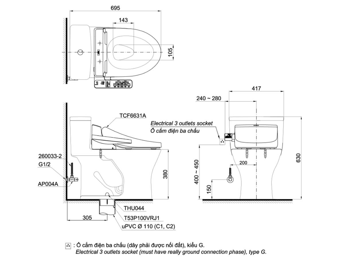 Bản vẽ kỹ thuật Bồn cầu TOTO MS855DW7 Nắp Rửa Điện Tử