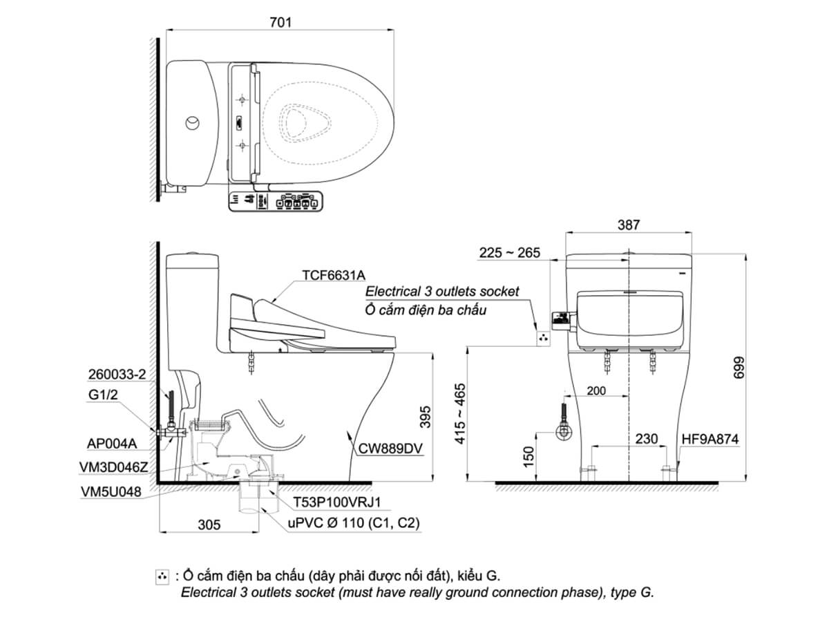 Bồn cầu nắp rửa điện tử TOTO 1 khối MS889DRW7