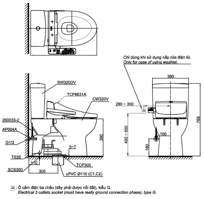 Bồn cầu 2 khối nắp rửa điện tử TOTO CS320DRW7