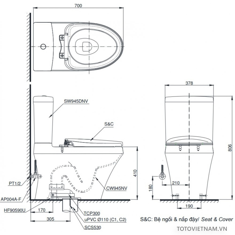 Bồn cầu 2 khối nắp rửa điện tử TOTO CS945DNW6