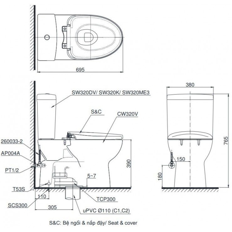 Bồn cầu TOTO CS300DW16Y1 2 khối nắp điện tử Washlet C2 TCF23410AAA