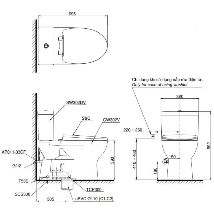 Bồn cầu TOTO CS302DW11 2 khối nắp điện tử Washlet S7 TCF4911Z