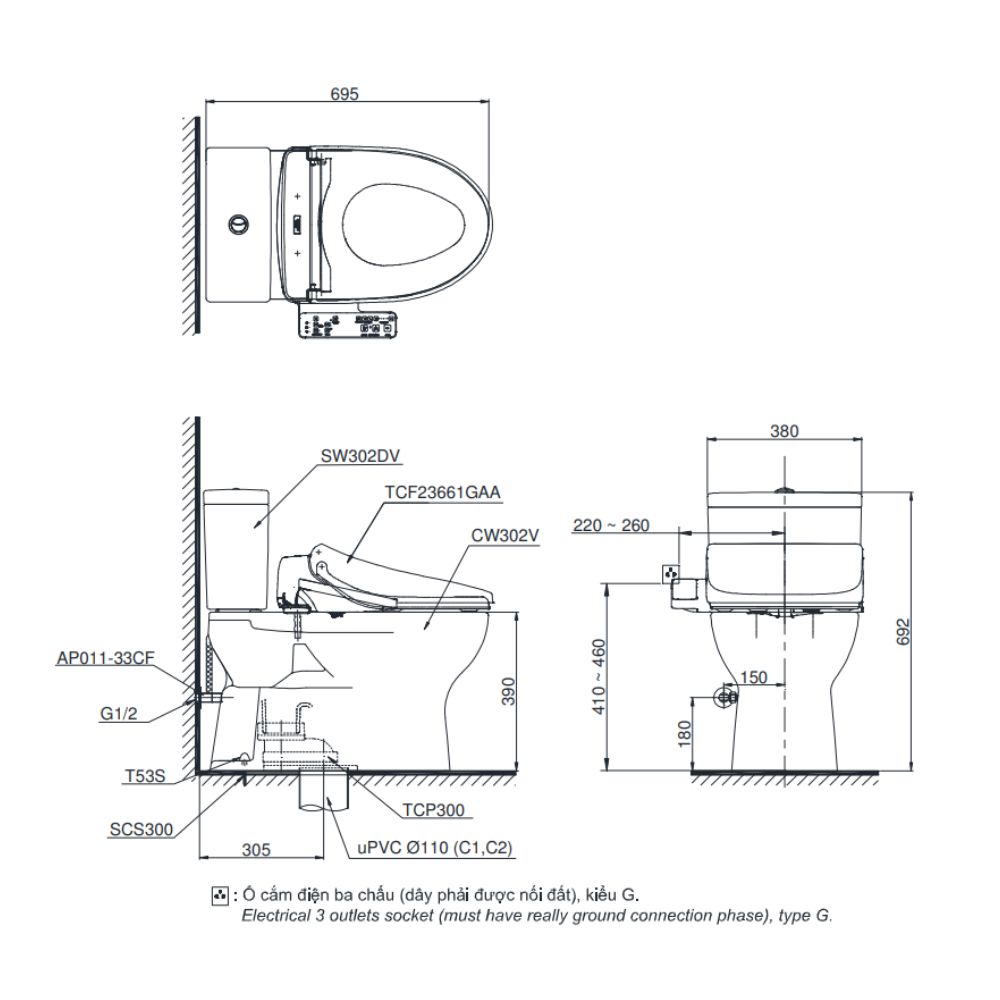 Bồn cầu TOTO CS302DW26 2 khối nắp điện tử Washlet S1 TCF23661GAA