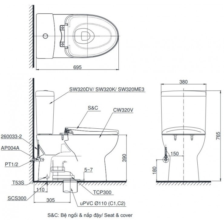 Bồn cầu TOTO CS320DRW16 2 khối nắp điện tử Washlet C2 TCF23410AAA