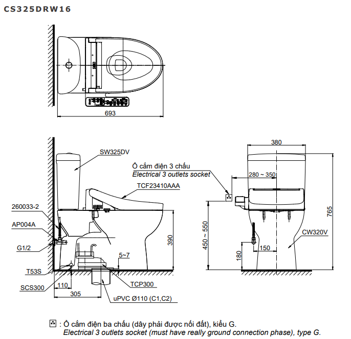 Bồn cầu TOTO CS325DRW16 2 khối nắp điện tử Washlet C2 TCF23410AAA