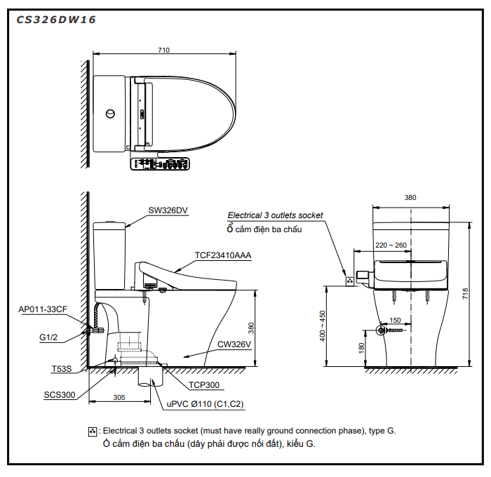 Bồn cầu TOTO CS326DW16 2 khối nắp điện tử Washlet C2 TCF23410AAA