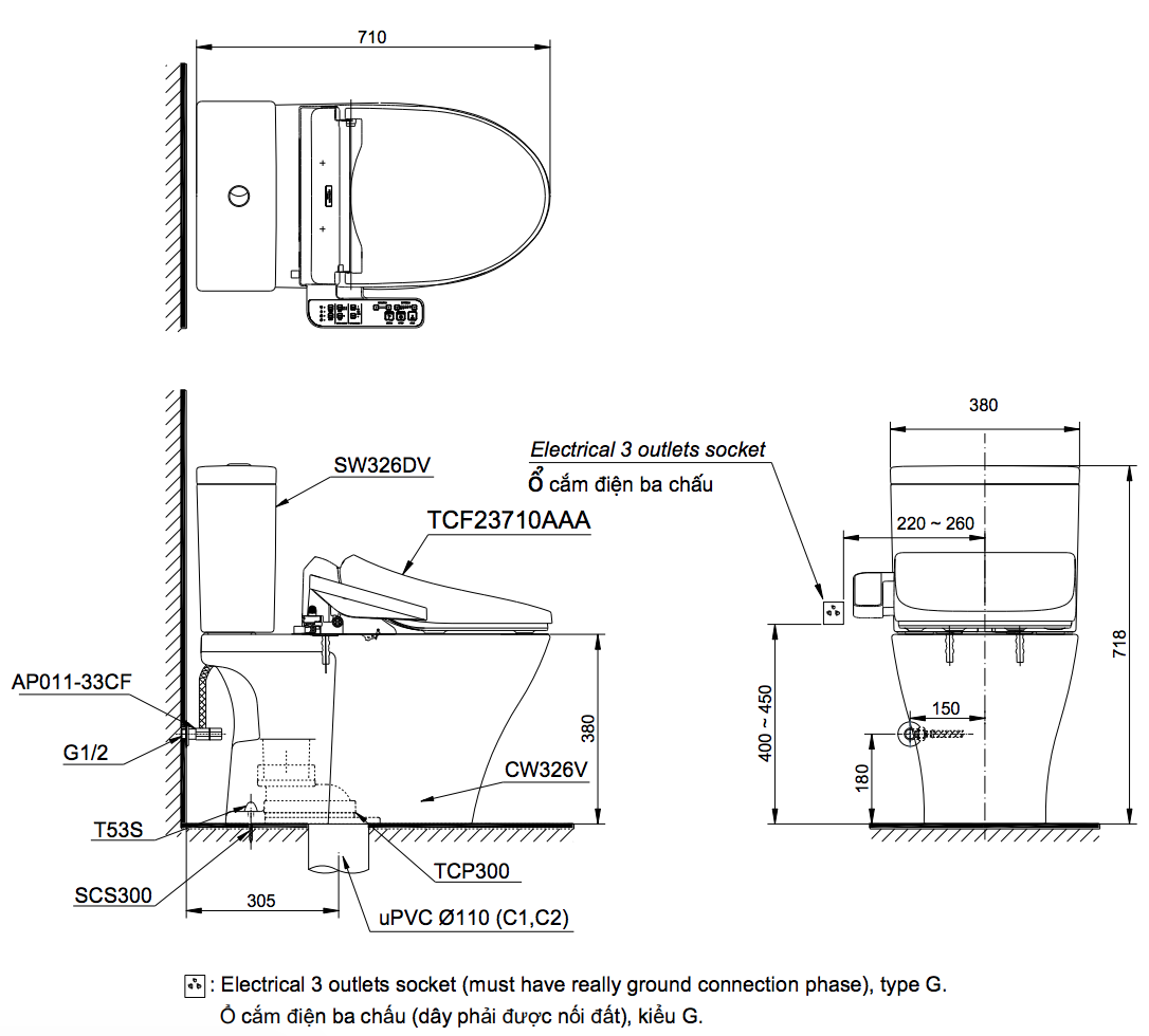 Bản vẽ kỹ thuật bồn cầu 2 khối nắp rửa điện tử C2 TOTO CS326DW18