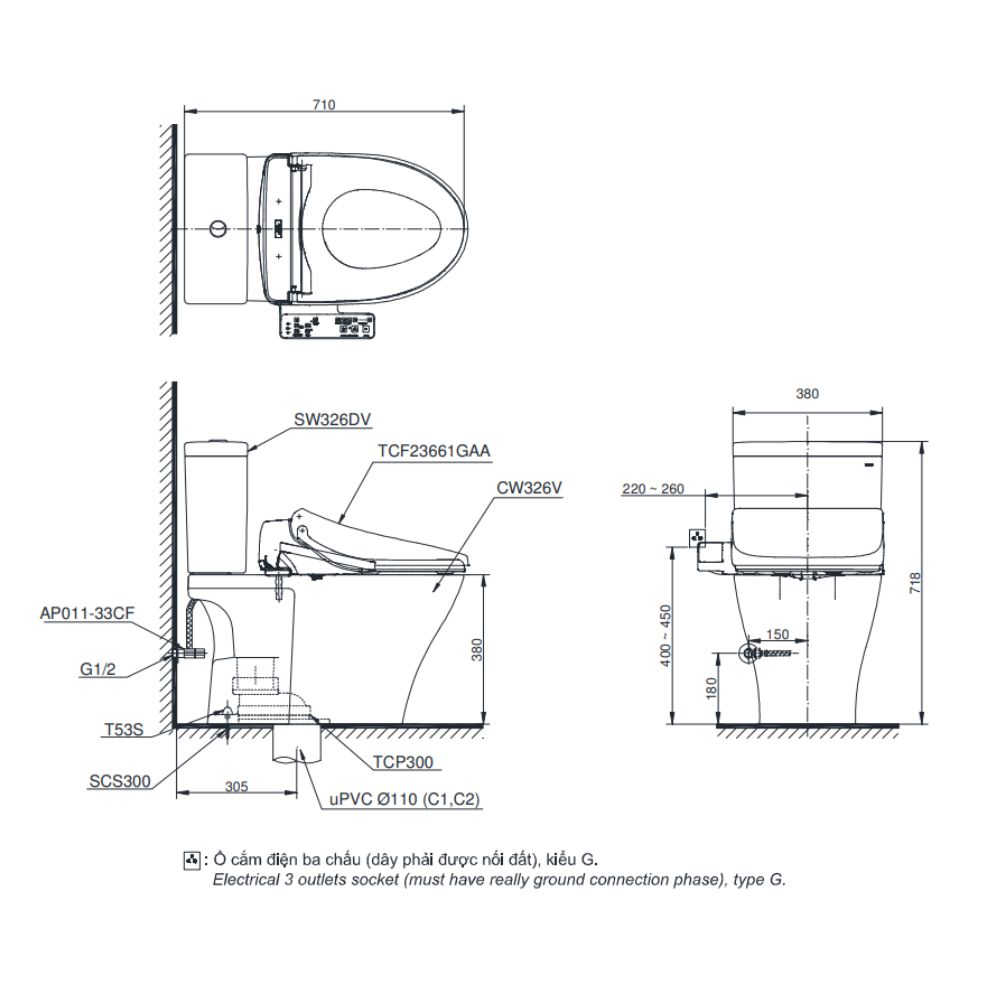 Bồn cầu TOTO CS326DW26 2 khối nắp điện tử Washlet S1 TCF23661GAA
