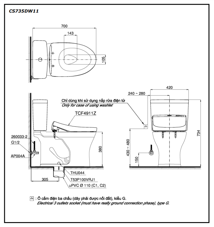 Bồn cầu TOTO CS735DW11 2 khối nắp điện tử Washlet S7 TCF4911Z