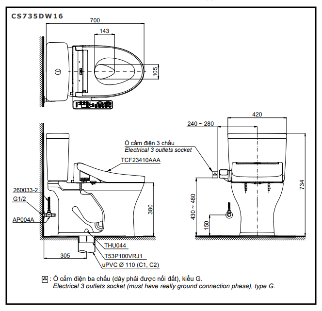 Bồn cầu TOTO CS735DW16 2 khối nắp điện tử Washlet C2 TCF23410AAA
