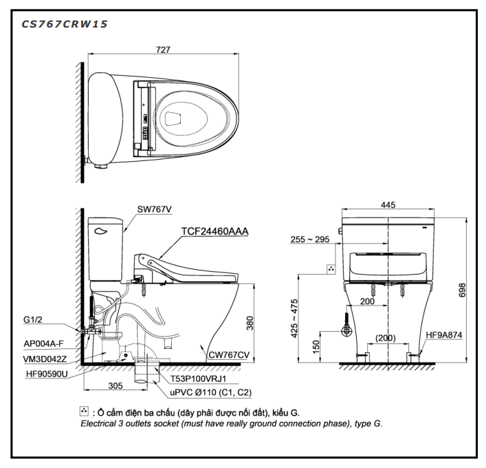 Bồn cầu TOTO CS767CRW15 2 khối nắp điện tử Washlet C5 TCF24460AAA giấu dây