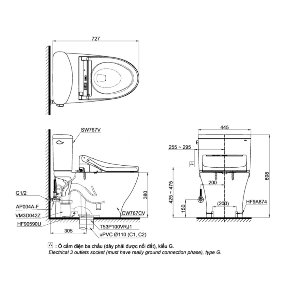 Bồn cầu TOTO CS767CRW24 2 khối nắp điện tử Washlet S2 TCF33461GAA giấu dây