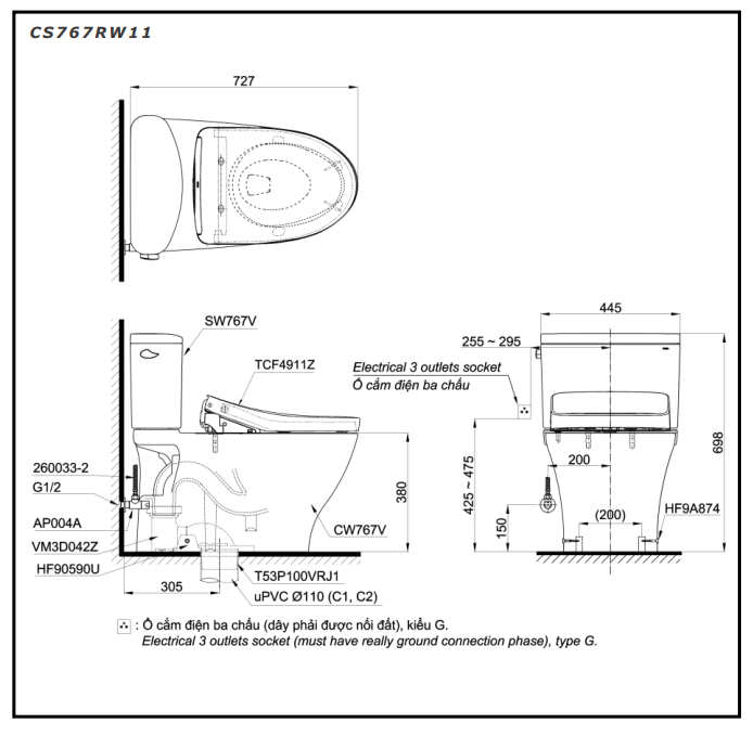 Bồn cầu TOTO CS767RW11 2 khối nắp điện tử Washlet S7 TCF4911Z