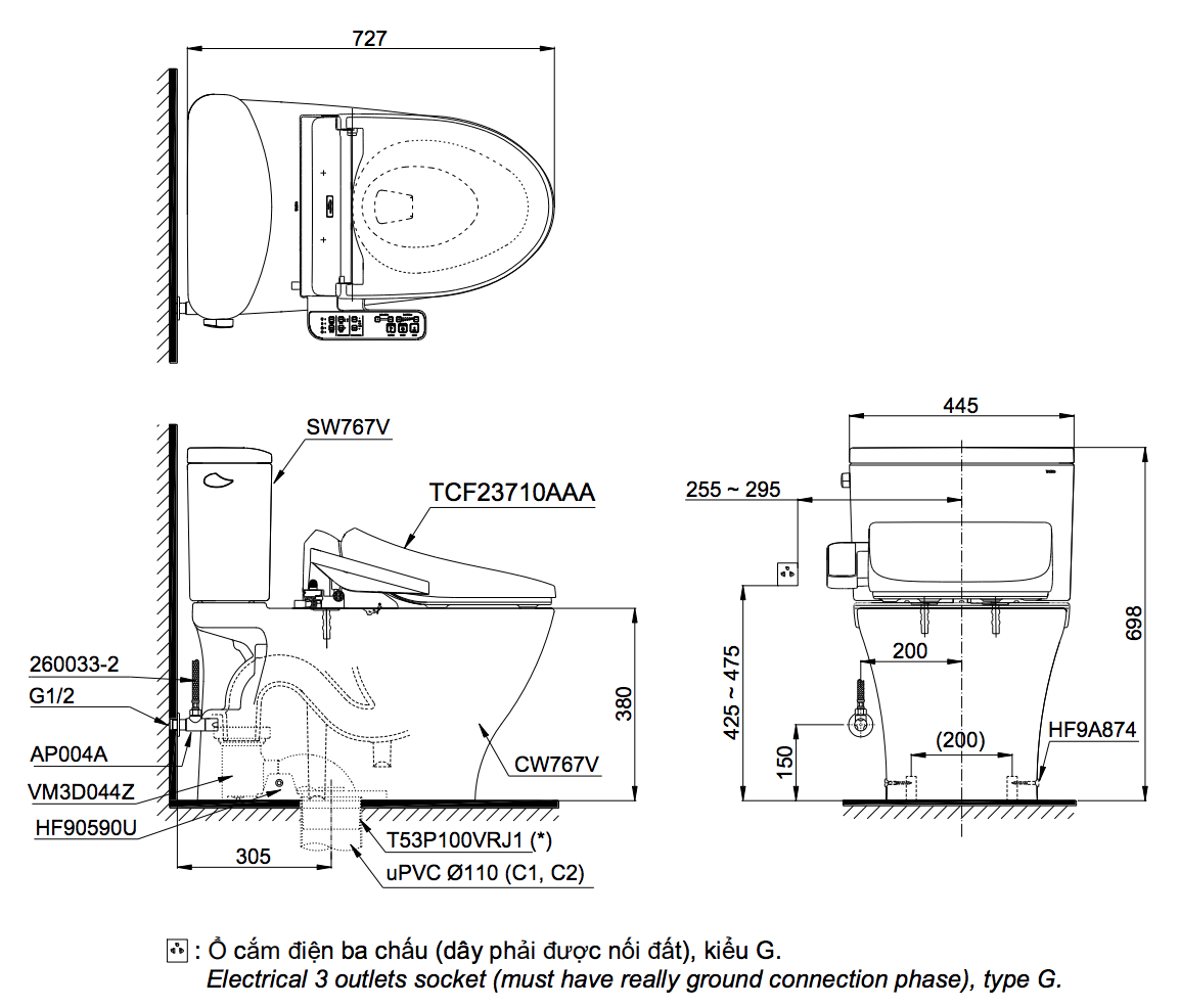 Bản vẽ kỹ thuật bồn cầu 2 khối nắp rửa điện tử C2 TOTO CS767RW18
