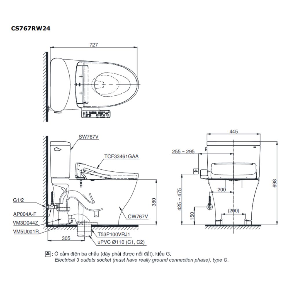 Bồn cầu TOTO CS767RW24 2 khối nắp điện tử Washlet S2 TCF33461GAA