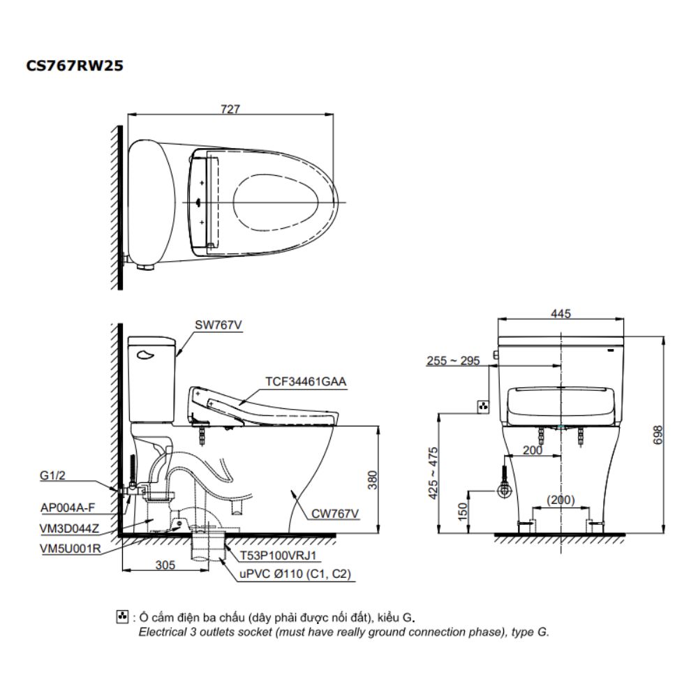 Bồn cầu TOTO CS767RW25 2 khối nắp điện tử Washlet S5 TCF34461GAA