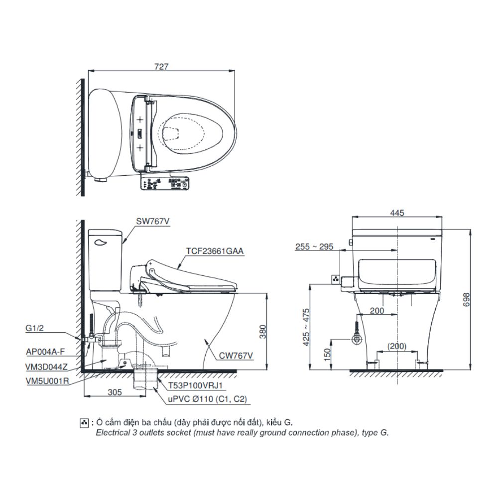 Bồn cầu TOTO CS767RW26 2 khối nắp điện tử Washlet S1 TCF23661GAA