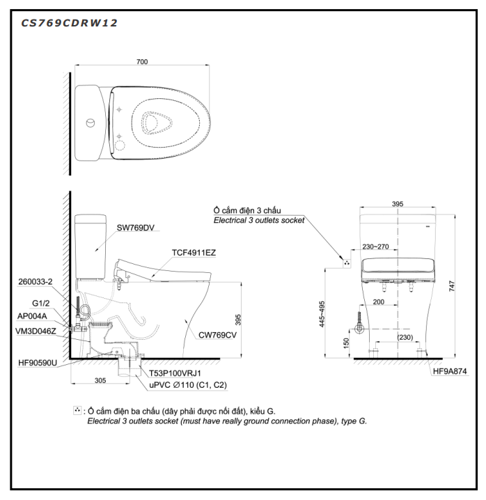 Bồn cầu TOTO CS769CDRW12 2 khối nắp điện tử Washlet S7 TCF4911EZ giấu dây