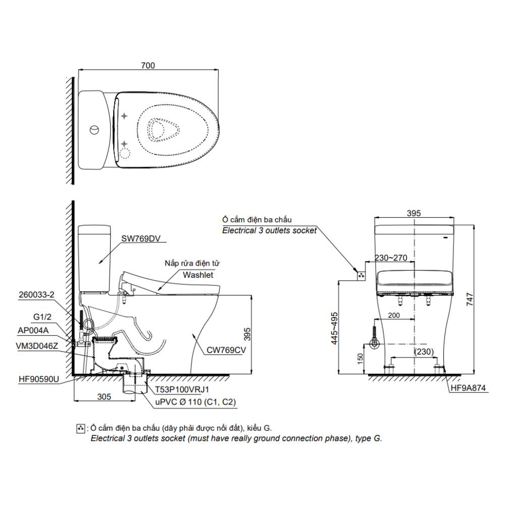 Bồn cầu TOTO CS769CDRW25 2 khối nắp điện tử Washlet S5 TCF34461GAA giấu dây