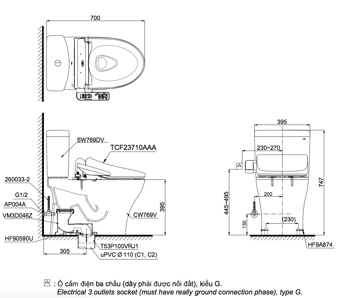 Bản vẽ kỹ thuật bồn cầu 2 khối TOTO CS769DRW18
