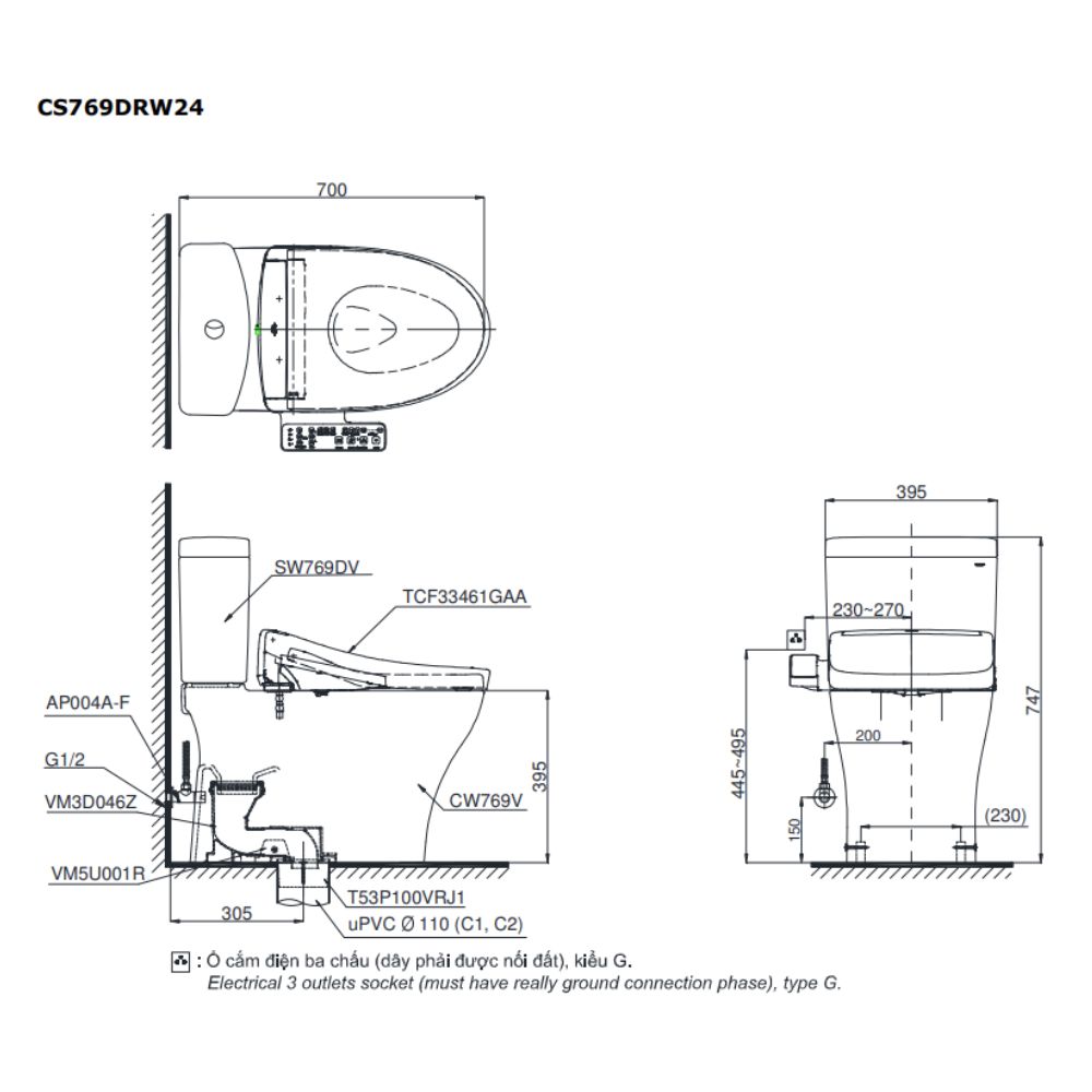 Bồn cầu TOTO CS769DRW24 2 khối nắp điện tử Washlet S2 TCF33461GAA