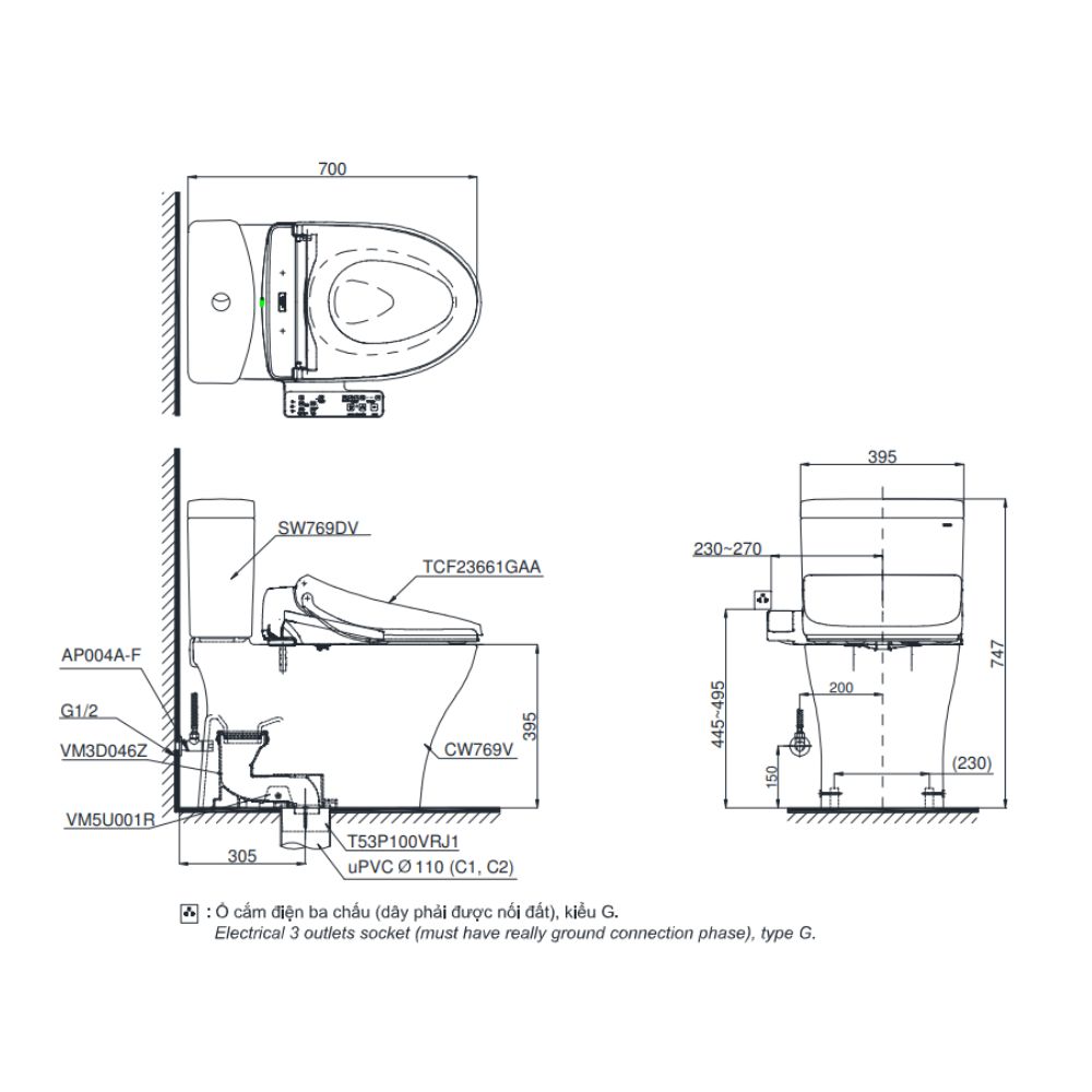 Bồn cầu TOTO CS769DRW26 2 khối nắp điện tử Washlet S1 TCF23661GAA