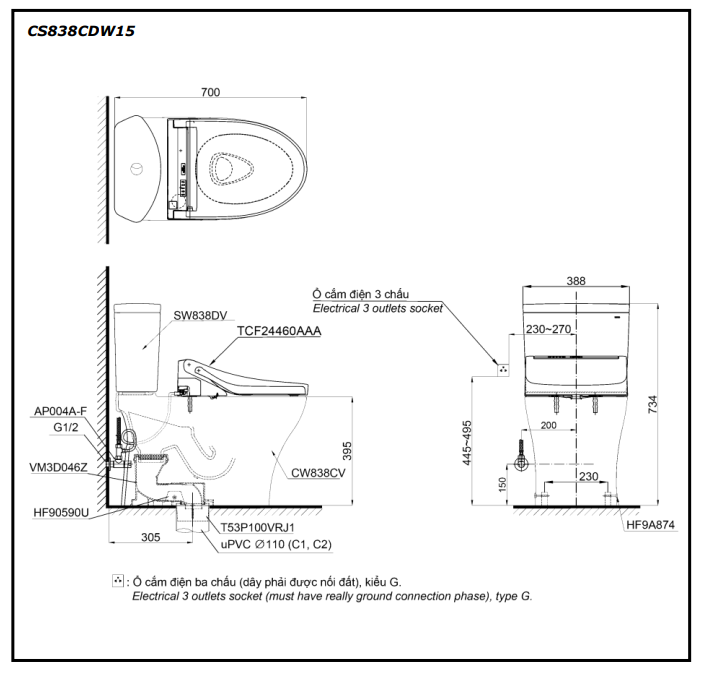Bồn cầu TOTO CS838CDW15 2 khối nắp điện tử Washlet C5 TCF24460AAA giấu dây