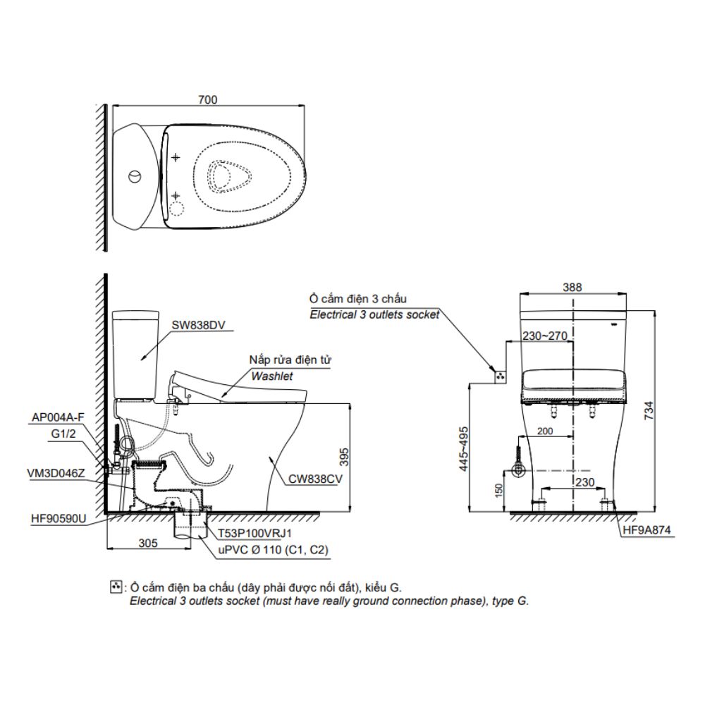 Bồn cầu TOTO CS838CDW24 2 khối nắp điện tử Washlet S2 TCF33461GAA giấu dây