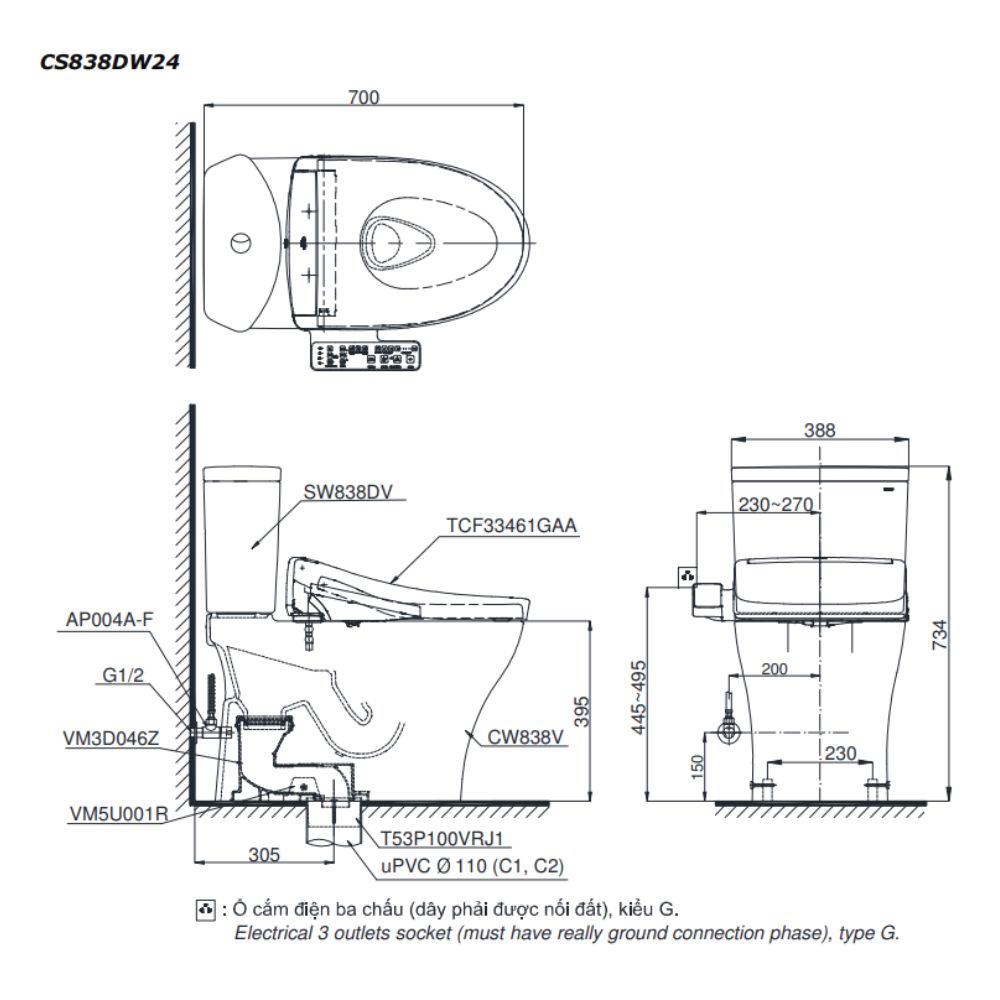 Bồn cầu TOTO CS838DW24 2 khối nắp điện tử Washlet S2 TCF33461GAA